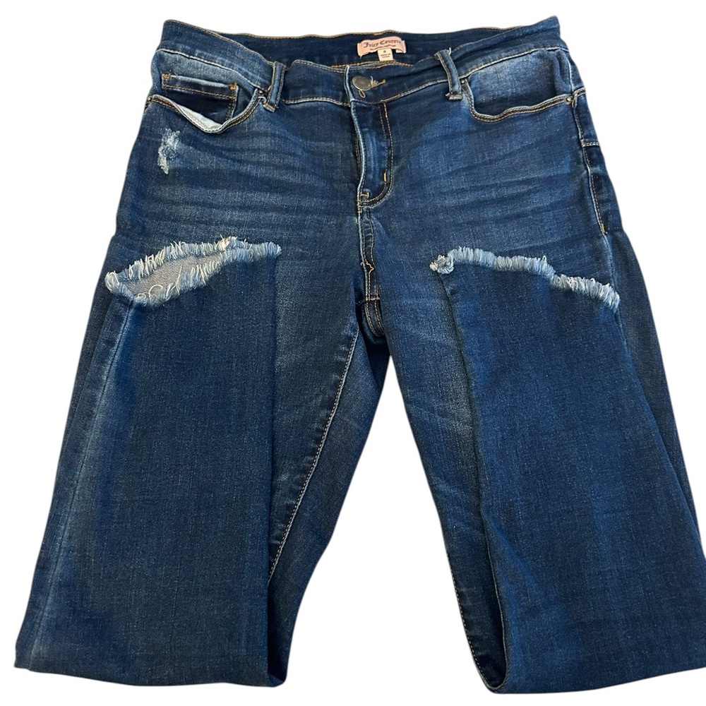 JUICY COUTURE Distressed Skinny Jeans Raw Frayed Hem Sz 8 Blue Y2K Vibe - Picture 6 of 13
